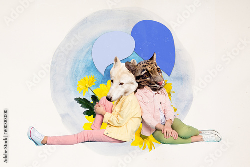 Banner drawn collage of two head wild animal wolf child speak another character leopard dialogue bubble clouds isolated on drawn background