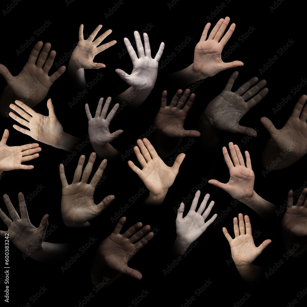 Freedom and humanity. Human hands, palms of different people of diverse gender, race and skin color appearing over black background. Human relation, community, togetherness, symbolism, culture concept - obrazy, fototapety, plakaty 
