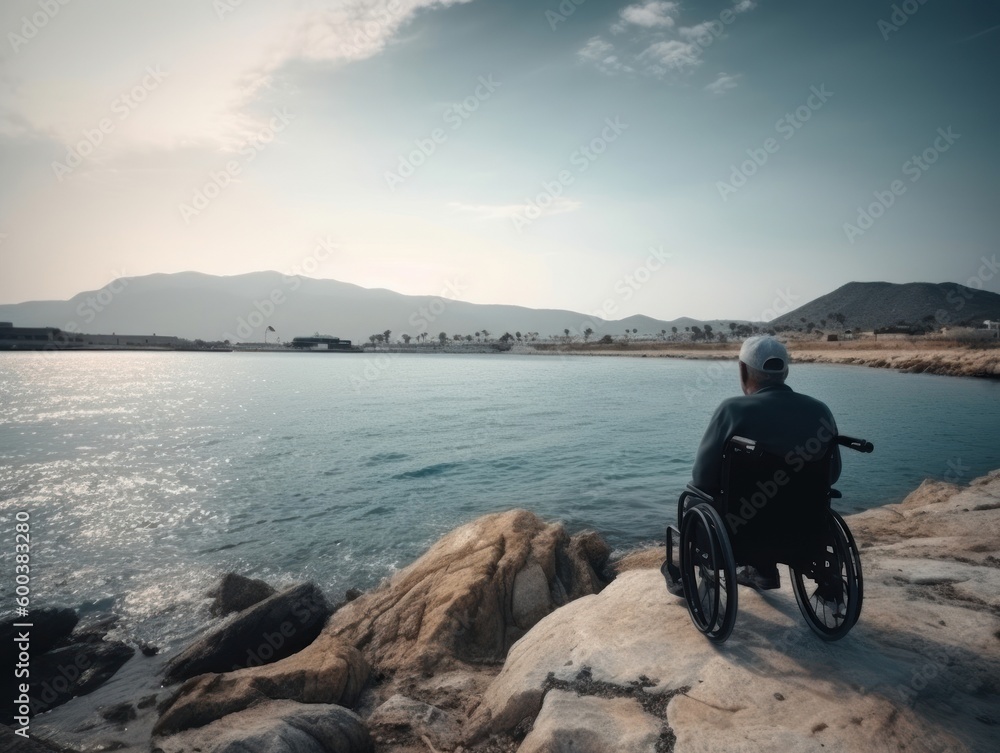 travel for people with disabilities. back view of a man in a wheelchair looking at the sea. AI generative