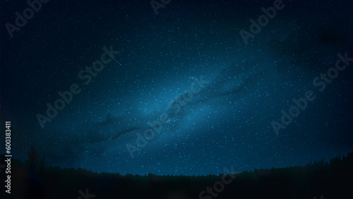 Night shining starry sky, milky way. Dark blue space background with stars, nebula, meteor. Starlight night in nature, cosmos. Meadow, field. Vector illustration