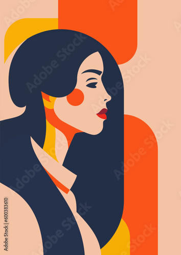Strong brunette woman portrait pop art color paint contemporary artwork poster vector flat