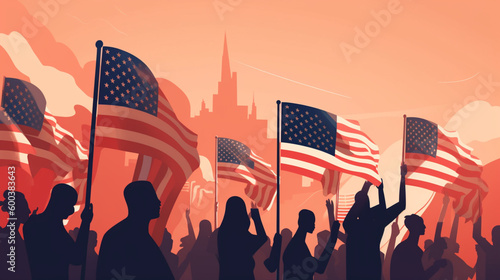 Independence Day in the United States. People celebrating with banners and flags. Generated by AI.