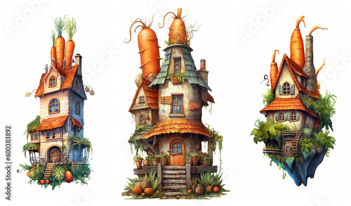 Watercolour fantasy carrot houses. Greeting cards and envelopes artwork project.