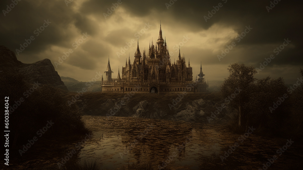 Dark clouds gathering above a dark fantasy castle. Created with Generative AI.