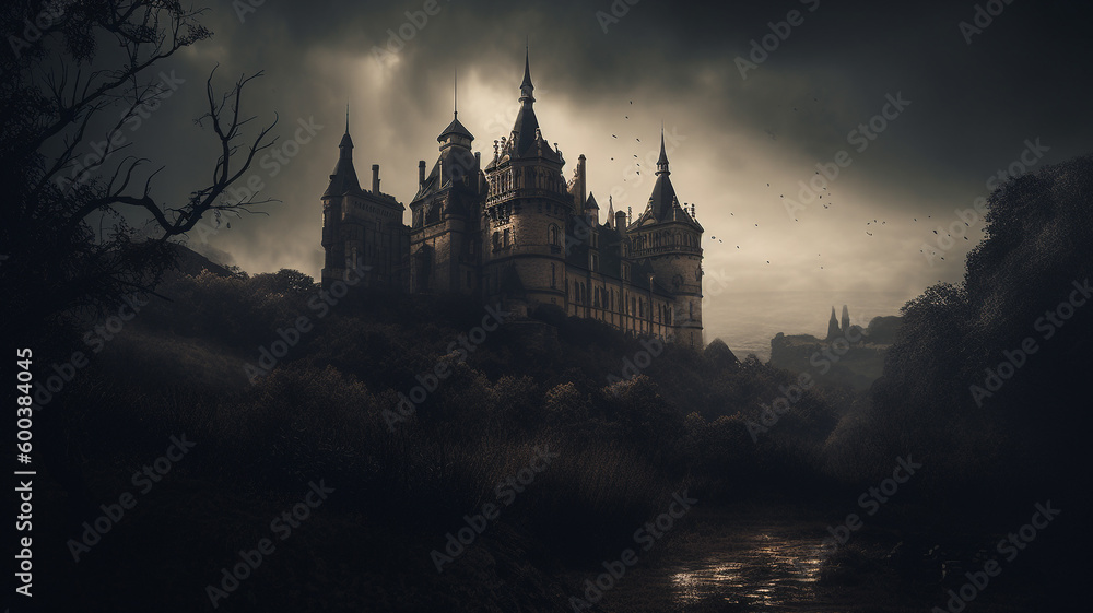 Foreboding medieval fantasy castle. Created with Generative AI.