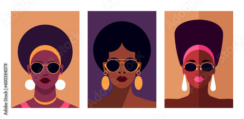 Fashion African black woman pop art poster minimalist paint pastel color set vector flat