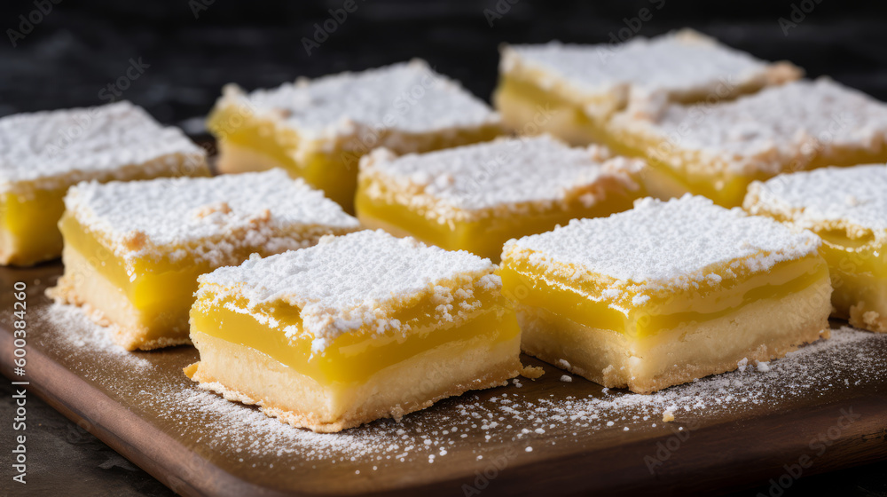 Lemon bars: A dessert made with a shortbread crust and a lemon filling, topped with powdered sugar. Generative AI Art Illustration