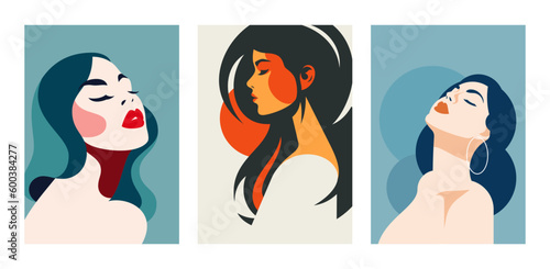 Beauty woman pastel color portrait abstract fashion artwork poster set vector flat illustration