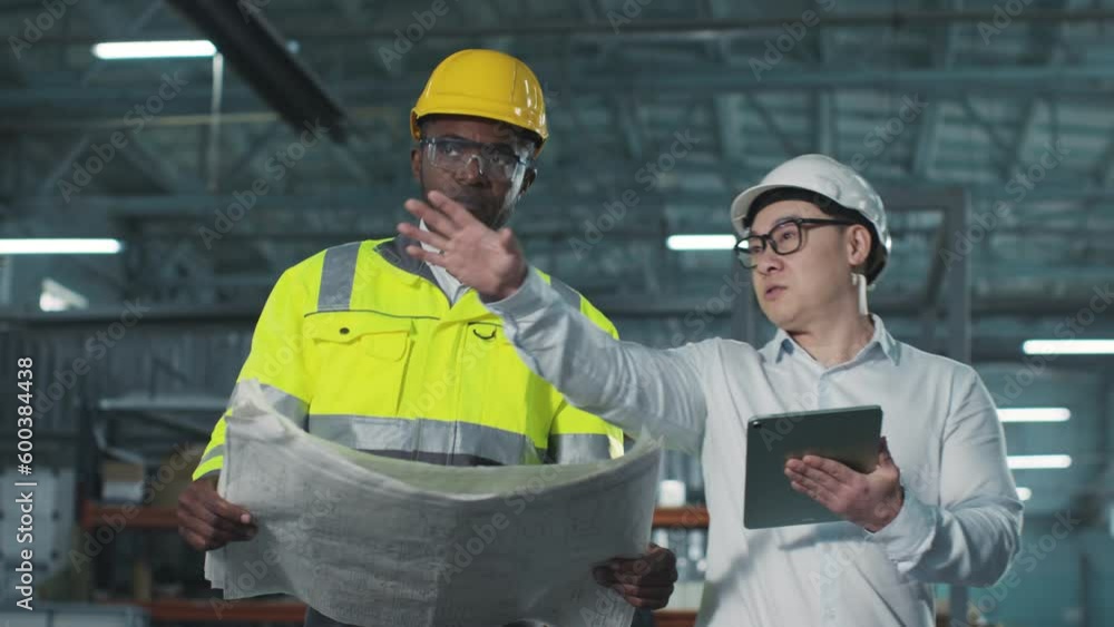 Two workers focused on their work walk around shop. Engineers in protective clothes. African-American employee holds blueprint in hands. Asian man is holding tablet and explaine something to colleague Two workers focused on their work walk around shop. Engineers in protective clothes. African-American employee holds blueprint in hands. Asian man is holding tablet and explaine something to colleague