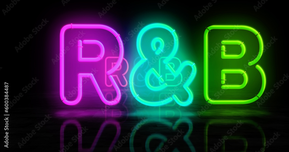 R&B Rhythm and blues music neon light 3d illustration