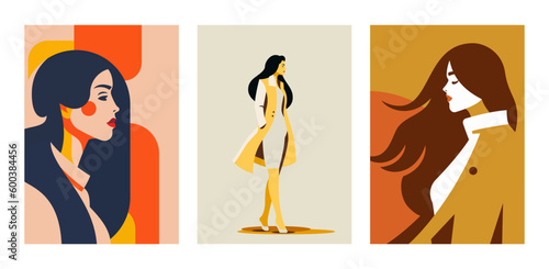 Feminine model fashion autumn portrait abstract geometric beige artwork poster set vector flat