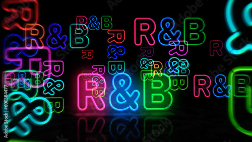 R&B Rhythm and blues music neon light 3d illustration
