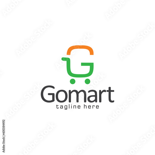 Letter G logo with shopping trolley icon. Go mart logo, shopping logo, supermarket, trademark, online shopping, etc