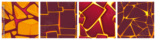 Cartoon top view backgrounds of liquid lava flows with stones or hot orange magma in ground cracks for game. Vector seamless patterns of volcano eruption, cracked rock with glow plasma inside.