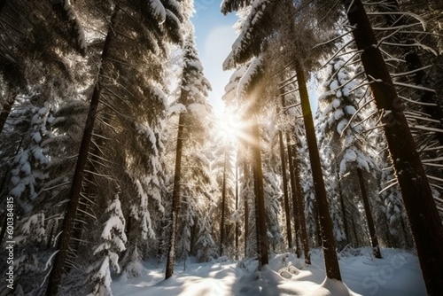 Winter forest with snow and Christmas trees on a bright background. Generative AI