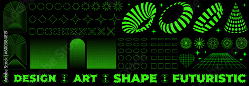 Retro futuristic set in neon green. Surreal geometric shapes, abstract backgrounds and patterns, wireframe, elements, perspective grid. Vector graphics in the style of the 70s-2000s.