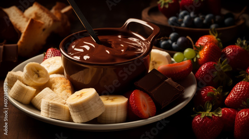 Chocolate fondue: A dessert made with melted chocolate, typically served with fruit, marshmallows, and other dippable treats. Generative AI Art Illustration