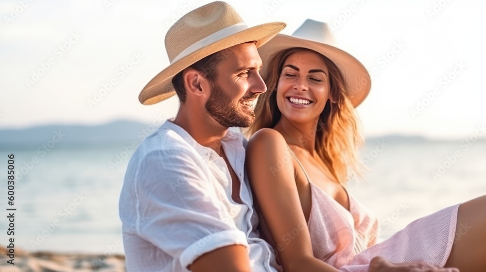 Couple enjoying romantic moment on beach. Generative AI.