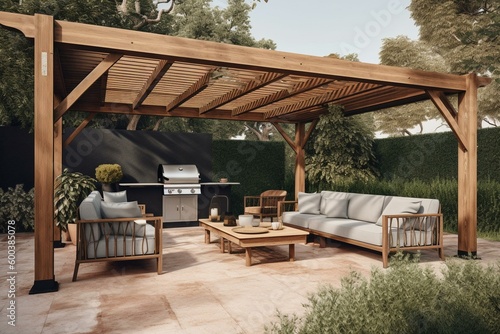 Stylish outdoor lounge with pergola, awning, garden chairs, grill, and landscaping. Generative AI