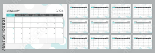 Monthly calendar planner template for 2024 year. Wall calendar schedule in a turquoise minimalist style. Week Starts on Sunday