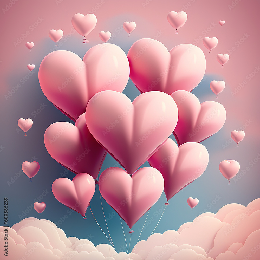 Happy Valentines Day poster with pink heart shaped ballon. Generative AI