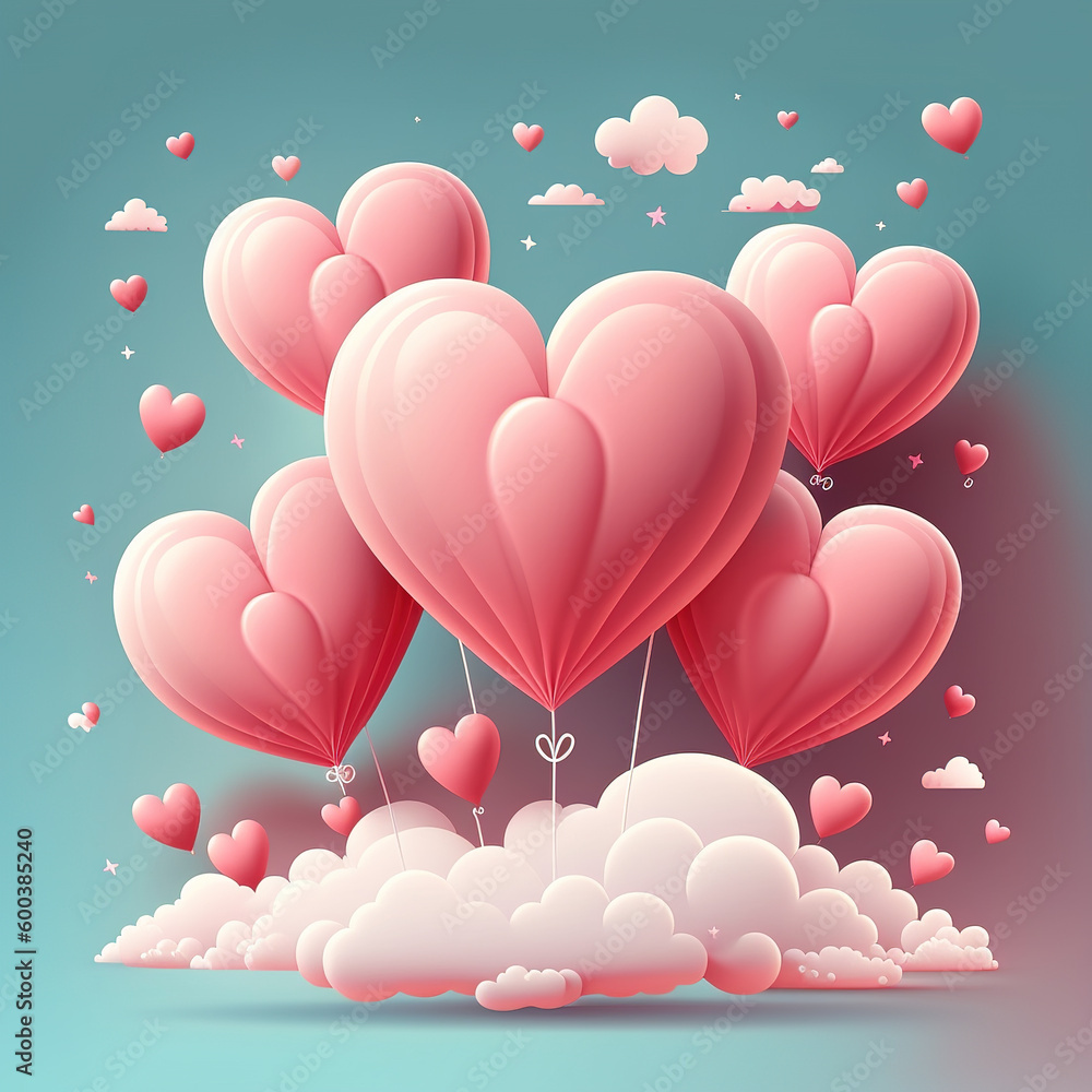 Happy Valentines Day poster with pink heart shaped ballon. Generative AI