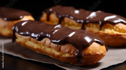 Eclairs: A French pastry made with choux pastry filled with pastry cream and topped with chocolate glaze. Generative AI Art Illustration