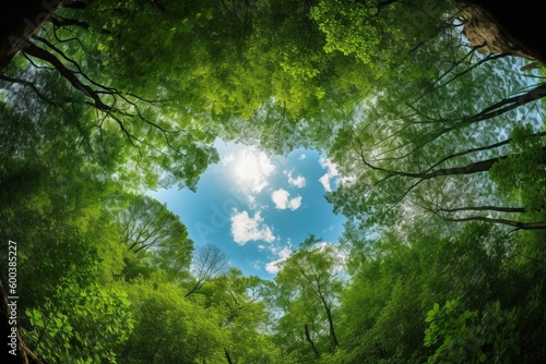 Forest canopy with heart-shaped hole revealing blue sky. Generative AI