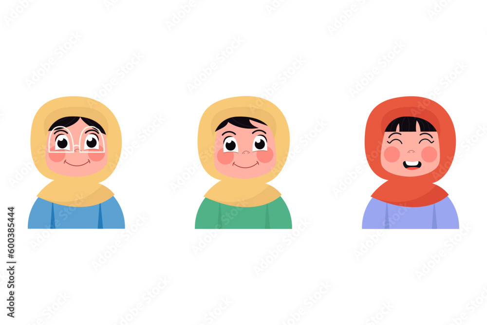 Flat style child avatars of happy Muslims in hijab girls Flat style child avatars of happy Muslims in hijab girls
