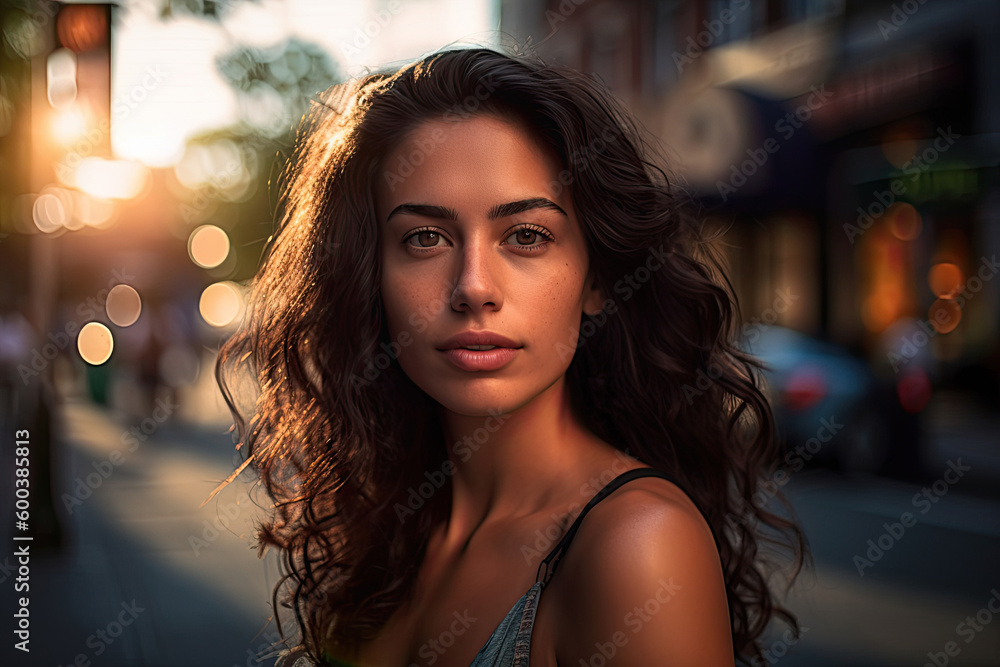 The Beautiful Brunette Woman stands on a busy street. Ai generated. Generative AI The Beautiful Brunette Woman stands on a busy street. Ai generated. Generative AI