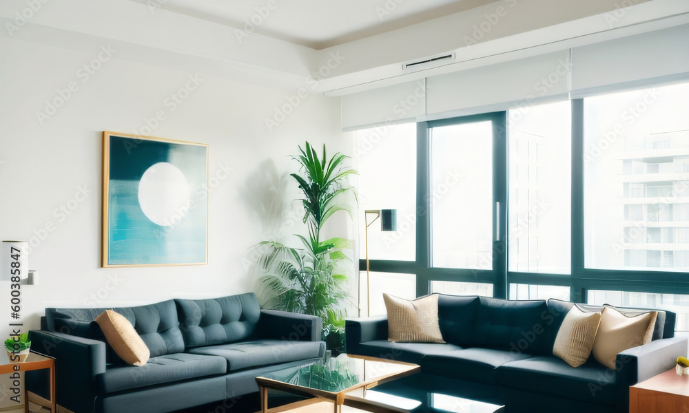 Fototapeta premium Modern living room interior with blue sofa, coffee table and plant. Generative AI 