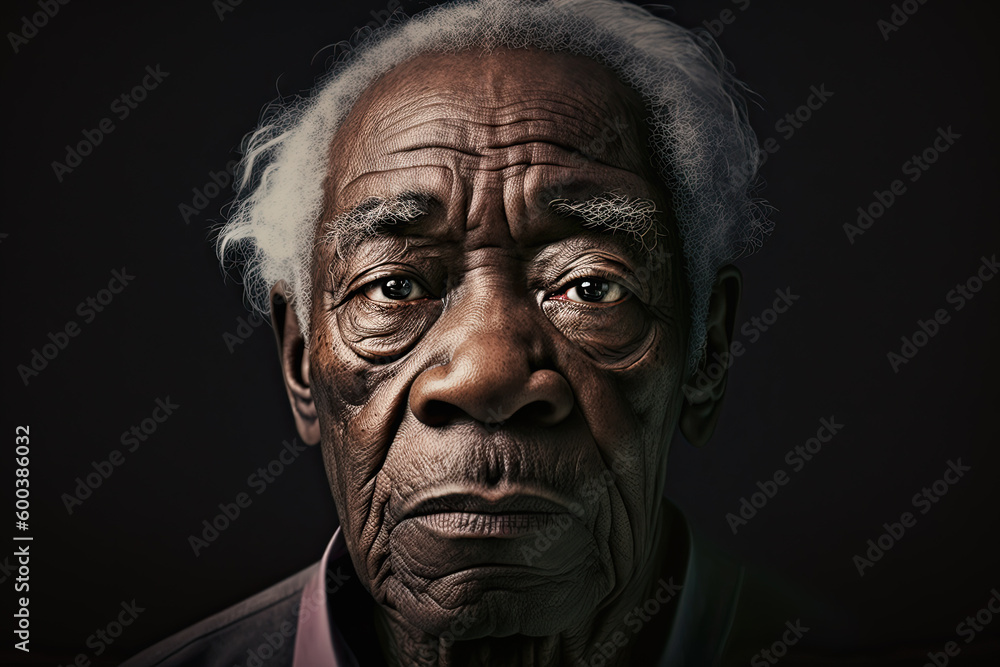 Portrait of a dark-skinned pensioner looking sadly into the camera against the background of a bright room. AI Generated Portrait of a dark-skinned pensioner looking sadly into the camera against the background of a bright room. AI Generated