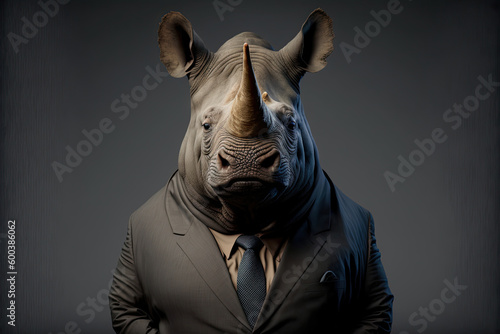 Portrait of a rhinoceros dressed in a formal business suit. Ai generated