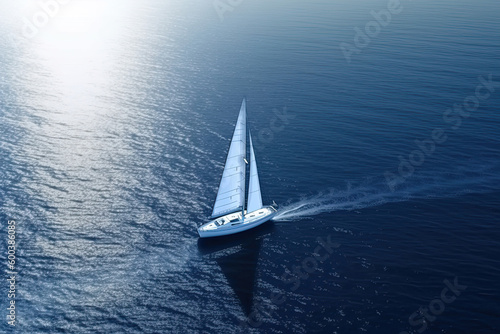 White boat on deep blue water as seen from above. Ai generated © Oleksii Halutva