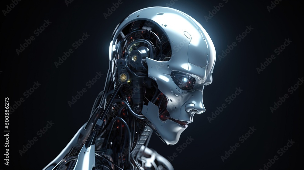 Artificial intelligence, composition of a chrome cyborg robot on a dark background, isolate. AI generated.