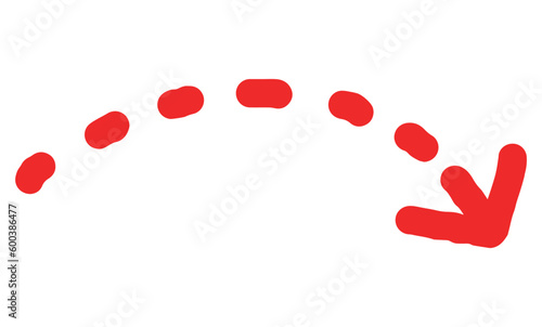 手描きの太い矢印_カーブ下降点線_赤