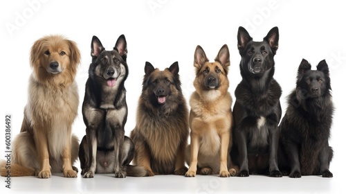 Various types of fluffy dogs sit in a row  white background  isolate. AI generated.