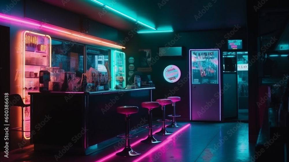 Creative, original, futuristic places, with neon lights and lots of color contrasts. Shapes, figures and futuristic, alternative and suburban decoration. Spaces for artists. Image generated by AI. Creative, original, futuristic places, with neon lights and lots of color contrasts. Shapes, figures and futuristic, alternative and suburban decoration. Spaces for artists. Image generated by AI.