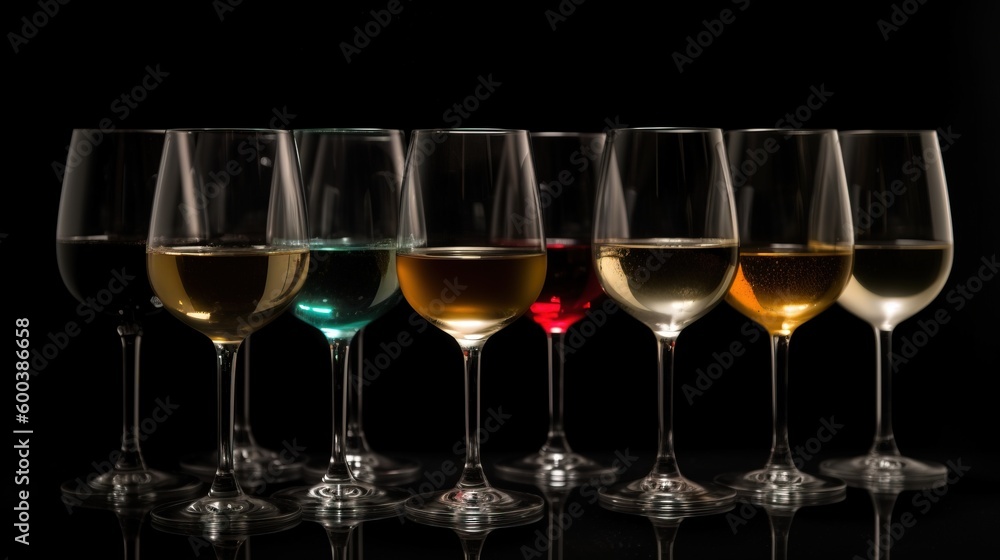 Group of glasses of wine of various varieties, black background isolate. AI generated. Group of glasses of wine of various varieties, black background isolate. AI generated.