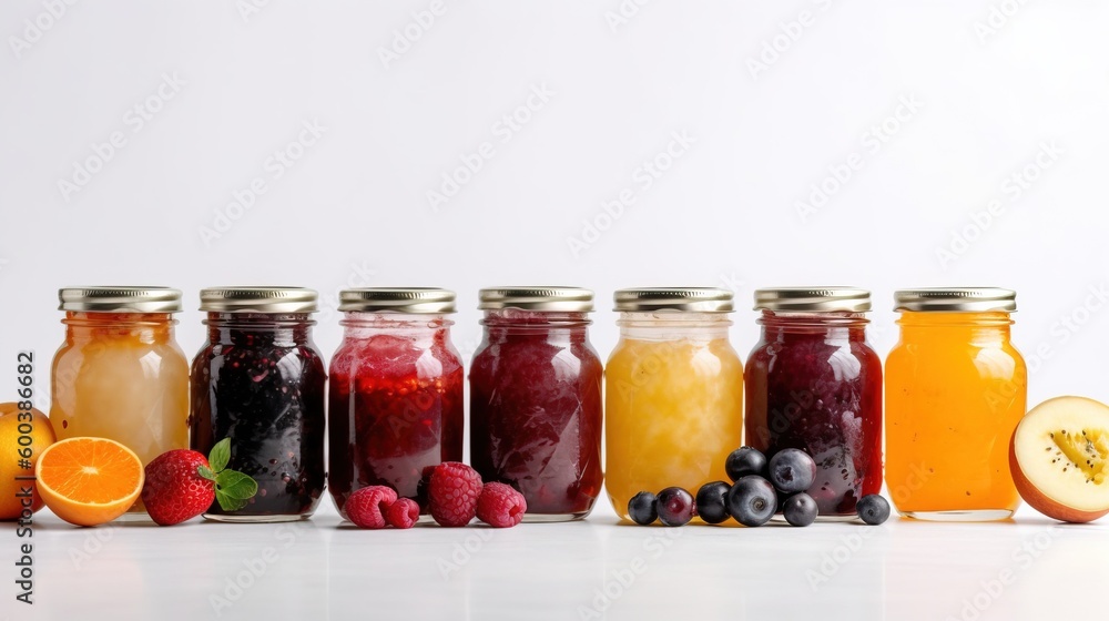 Colored jars of different jams with fresh berries and fruits stand in a row, white background. AI generated. Colored jars of different jams with fresh berries and fruits stand in a row, white background. AI generated.