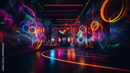 Creative, original, futuristic places, with neon lights and lots of color contrasts. Shapes, figures and futuristic, alternative and suburban decoration. Spaces for artists. Image generated by AI.
