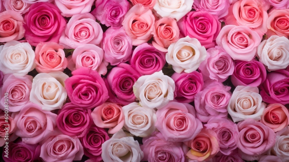 Nature, flower buds of pink roses in summer top view, wallpaper background. AI generated. Nature, flower buds of pink roses in summer top view, wallpaper background. AI generated.