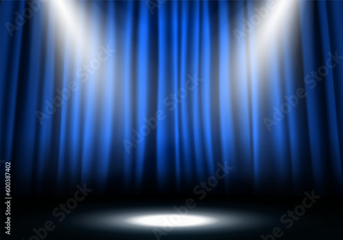 Blue curtain illuminated by spotlights. Closed velvet drapes. Vector illustration.