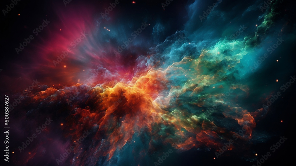 Naklejka premium Universe of neon colors. Colorful universe with colors merging. Stars, nebulae, star dust, smoke... Creative, magical and high quality universe. Image generated by AI.