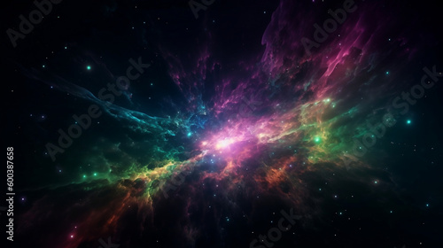 Universe of neon colors. Colorful universe with colors merging. Stars  nebulae  star dust  smoke... Creative  magical and high quality universe. Image generated by AI.