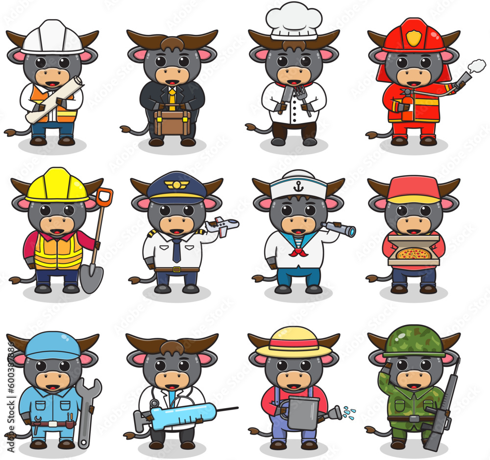 Cartoon Buffalo in professional uniform. Vector set of Buffalo