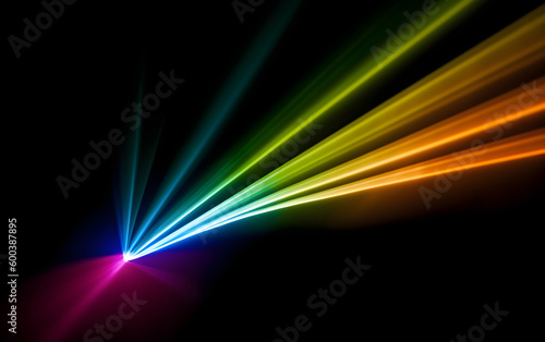 A striking visual of a light beam dispersing into a vibrant spectrum of colors against a stark black background, resembling a prism effect