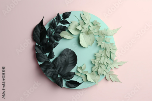 State of mind, meditation, product placement concept. Abstract Yin Yang sign made from nature elements. harmony sign made from plant twigs and leaves. Pastel colors. Generative AI photo