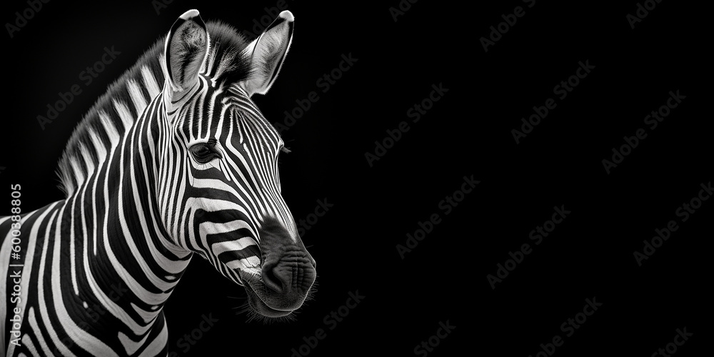 Black and white photorealistic studio portrait of a Zebra on black background. Generative AI illustration Black and white photorealistic studio portrait of a Zebra on black background. Generative AI illustration