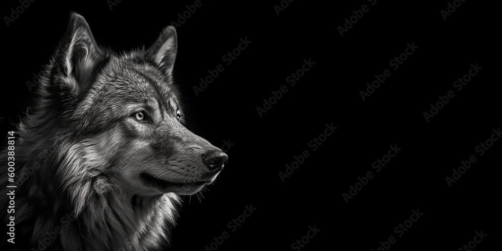 Fototapeta premium Black and white photorealistic studio portrait of a Wolf on black background. Generative AI illustration